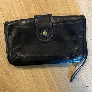 Black hobo Leather Wristlet Wallet with Gold Logo Snap